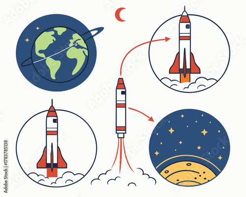 Rocket launch and space exploration stages