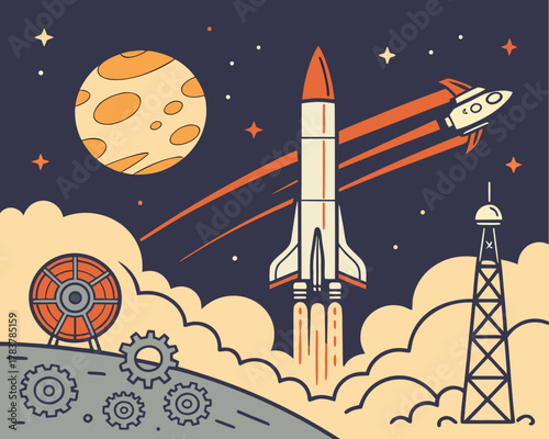 Rocket launch into a starry sky with a planet