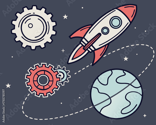Rocket ship gears and planet in space illustration