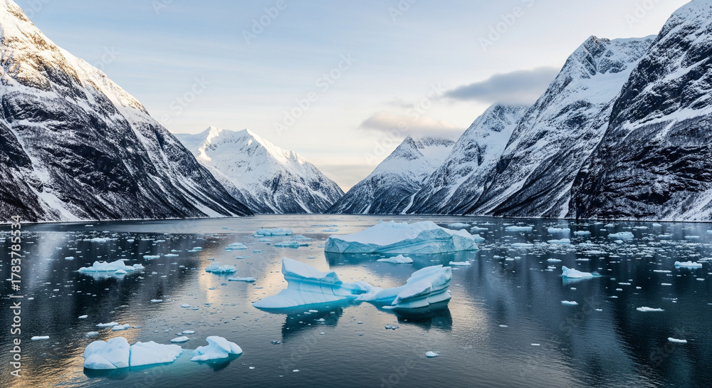Fototapeta premium Majestic fjord framed by snow-dusted peaks, scattered with brilliant blue ice. A stunning, wide-angle landscape photograph capturing the dramatic, serene beauty of an Arctic or sub-Arctic fjord