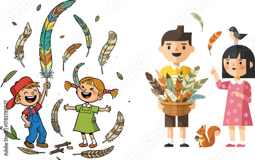 Children collecting colorful feathers, nature exploration, happy kids, outdoor play, wildlife, creativity, joy, learning activity, cartoon and flat illustration