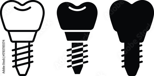 Dental Implant Icon. Screw, Crown, and Tooth Replacement Technology or Vector Silhouette and Pictogram..eps