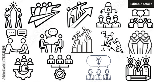 Set of teamwork and collaboration line icons. Vector sketch collection of business partnership, meeting, and team goals symbols. Editable stroke.