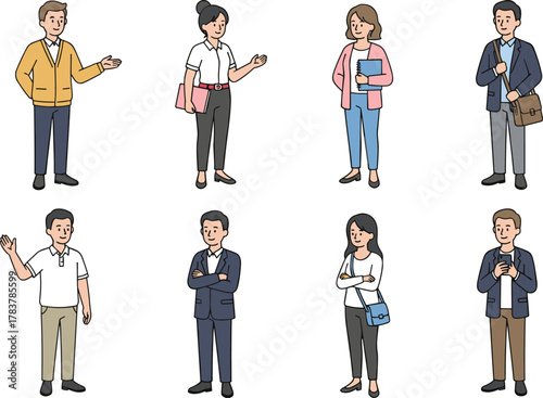 Cartoon characters, diverse outfits, casual and formal fashion, business people, accessories, vector illustration, workplace diversity, character design, modern style, educational concept