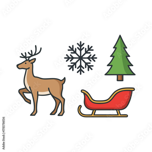 Christmas Icons Reindeer, Sleigh, Snowflake, and Tree Graphics
