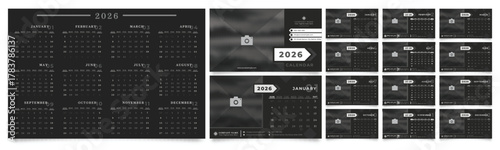 Sleek 2026 wall calendar design template in a sophisticated dark theme, featuring clear monthly layouts and photo placeholders.