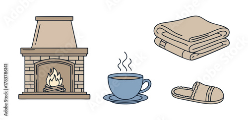 Cozy winter scene with a fireplace, hot beverage, and warm blanket, depicting comfort and relaxation during cold weather