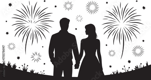 Couple holding hands watching fireworks silhouette
