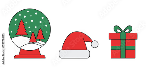 Christmas Icon Set Snow Globe, Santa Hat, and Gift Box for Festive Designs and Holiday Greetings