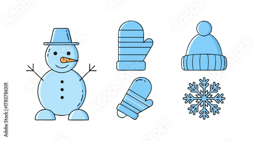 Collection of cute blue winter line art icons with a snowman, beanie, mittens, and snowflake for seasonal design