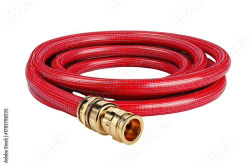 Coiled red garden hose with brass fitting isolated on transparent background
