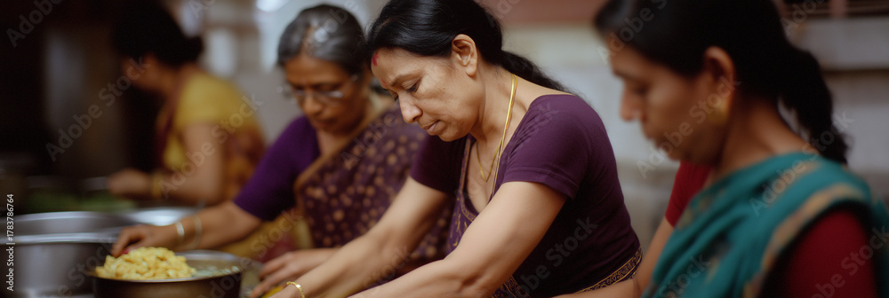 Obraz premium Three women collaborate in a warm kitchen, preparing traditional dishes, showcasing the rich cultural heritage, communal joy, and the importance of food in human connections.