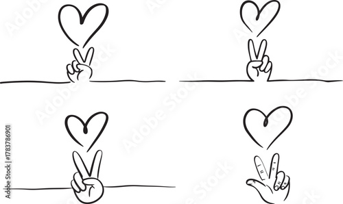 Doodle Peace Hand Sign with Heart Shape Illustration On Checkered Pattern Drawing