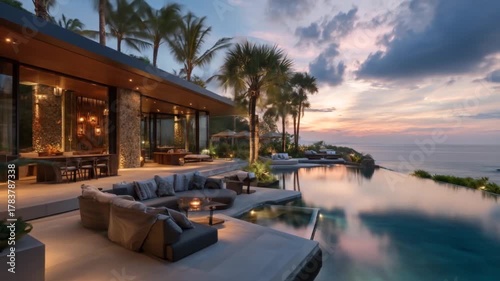 Luxury villa exterior with infinity pool and ocean view at sunset