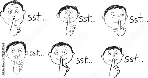 Shush Gestures Sketch Collection Hand Drawn Face with Finger on Lips Silence Symbol Concept