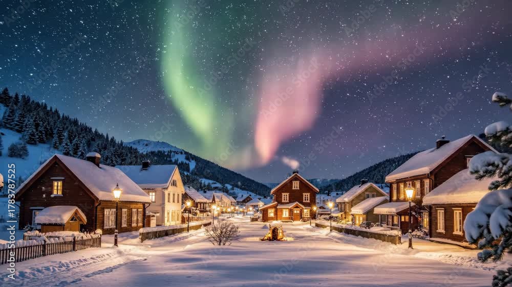 Northern lights glow over a snowy village with cozy homes, showing a magical winter night wonderland footage