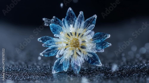 Macro shot of delicate frozen flower against a dark background