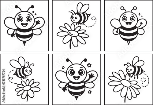 Beautiful bee coloring page bundle for kids, black line art vector illustration doodle set