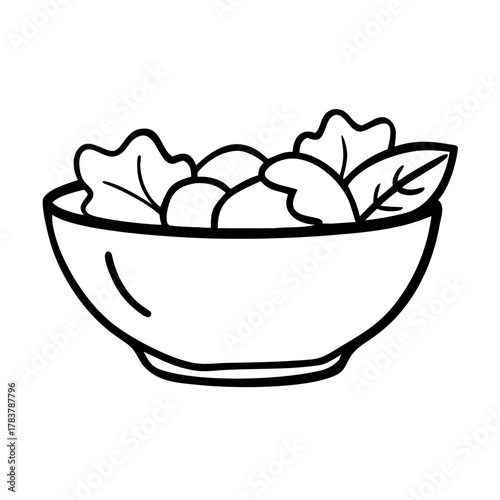 Hand-Drawn Salad Bowl in Minimalist Black Line Art Style for Food Blogs, Healthy Recipe Websites, Nutrition Awareness, Wellness Content, and Culinary Education