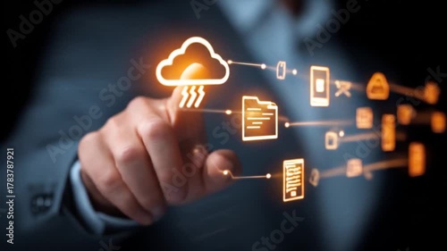 Man interacting with digital cloud data system representing technology