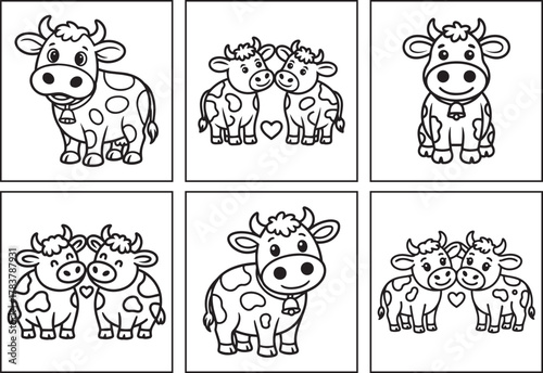 Cute baby cartoon cow coloring page bundle for kids, black line art vector illustration doodle set