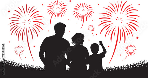 Family silhouette watching red fireworks display celebration
