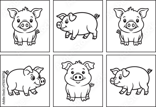 Easy and cute pig animal coloring page bundle for kids, black line art vector illustration doodle set