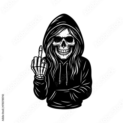 Hooded Skull Woman Middle Finger Illustration Dark Gothic Line Art for Streetwear, Tattoos, Stickers, Rebel Graphics, Horror Art and Alternative Projects