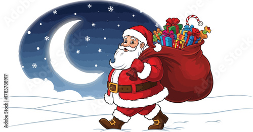 Santa claus delivering gifts on christmas eve under a bright crescent moon sky