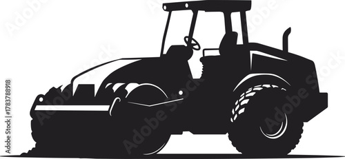 Silhouette, road roller, construction vehicle, heavy machinery, asphalt compactor, industrial equipment, civil engineering, black and white, isolated, vector illustration