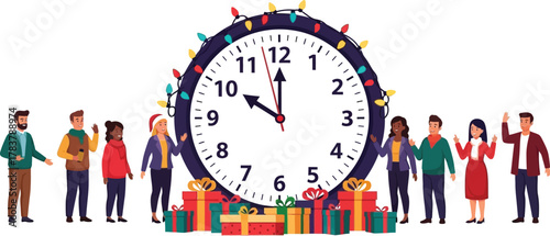 Group of people celebrating new year's eve with gifts and a decorated clock