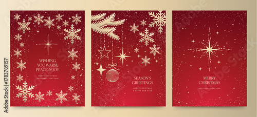 Luxury Red and Gold Christmas Poster Flyer with Elegant Snowflake and Star Winter Holiday Design Background