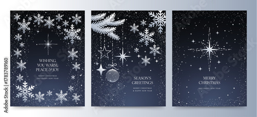Elegant Winter Christmas Flyer with Silver Snowflake and Star Holiday Vector Design