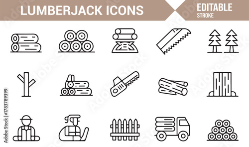 Editable Stroke Lumberjack Icons – Vector Outline Collection for Forestry, Woodcutting, and Industry Design
