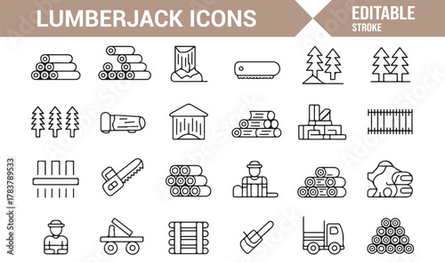 Thin Line Wood Industry Icons – Minimal Vector Set Featuring Logging, Chainsaw, and Timber Concepts