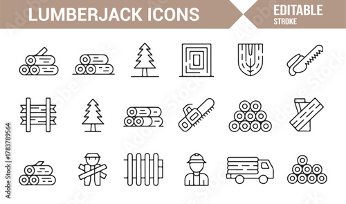 Lumberjack and Forestry Line Icons – Editable Stroke Vector Collection of Wood, Tree, and Tool Symbols