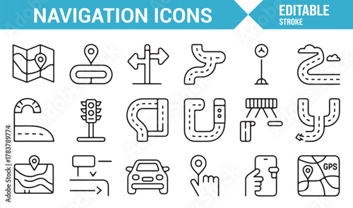 Thin Line Travel Icons – Minimal Editable Stroke Vector Set Featuring Route and Navigation Elements