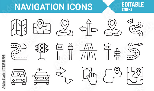Thin Line Navigation Icons – Minimal Vector Set of Map, Car, and Direction Elements for Travel Design