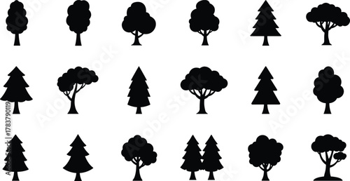Tree silhouette icons, black forest shapes, vector tree set, coniferous and deciduous trees, nature graphic, foliage design, isolated elements