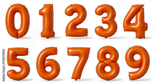 Orange inflatable number balloons zero through nine arranged in two rows image
