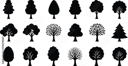 Tree silhouettes collection, black foliage shapes, diverse tree forms, botanical illustration, nature icons, seasonal trees, forest elements, vector design, isolated trees, landscape assets