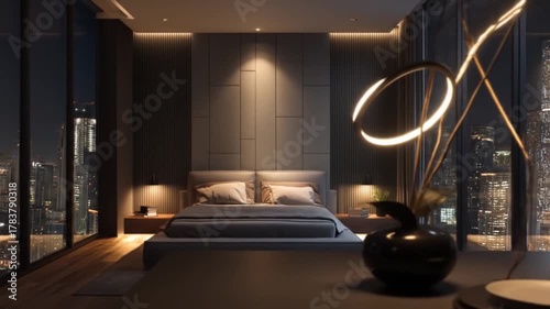 Modern bedroom interior design with city view at night