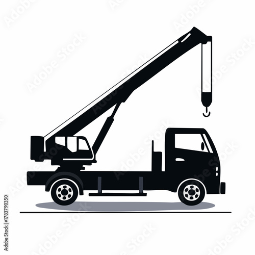 Bold Black Side View of a Truck Mounted Crane with Folded Boom in a Clean Vector Illustration