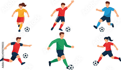 Soccer players illustration, colorful uniforms vector, football athletes with ball, dynamic sports action design, teamwork competition art, athletic movement, game icons