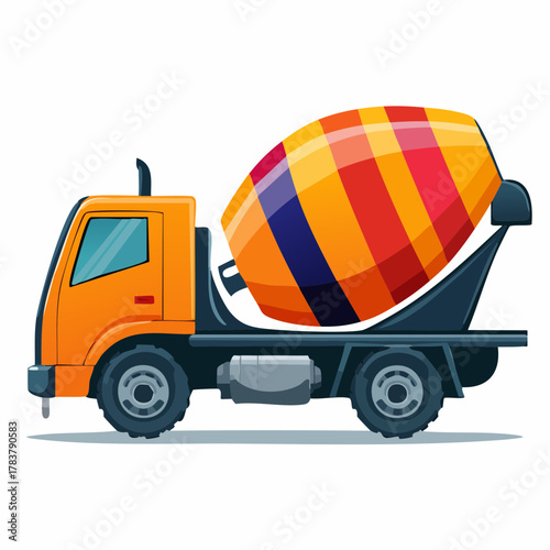 Illustrated Side View Concrete Mixer Truck Icon with Rotating Drum in Bright Orange and Deep Blue