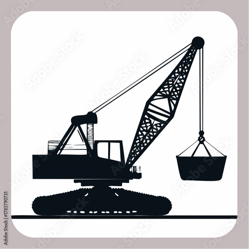 Silhouette Vector of Heavy Dragline Excavator with Lattice Boom and Suspended Bucket for Mining