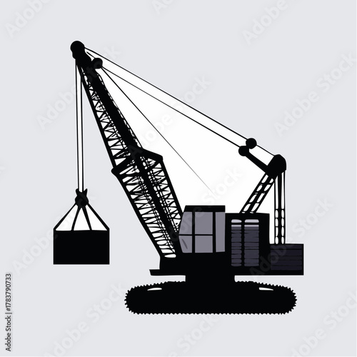 Silhouette Vector Icon of a Dragline Excavator at a Mining Site with Suspended Bucket
