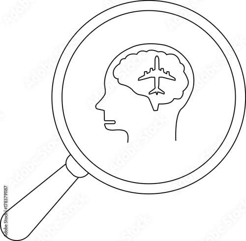 A head in a magnifying glass containing a brain with an airplane inside all depicted in black outlines