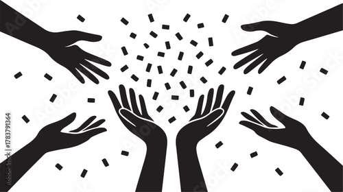 Multiple black hands reaching for falling confetti