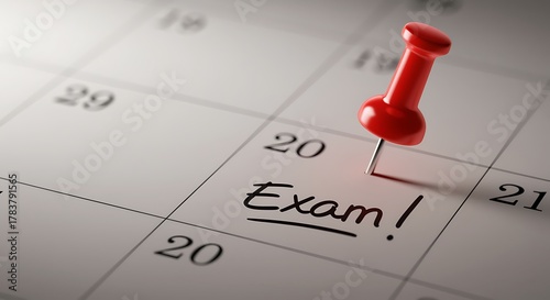 Exam day marked on calendar with red pin close up reminder
